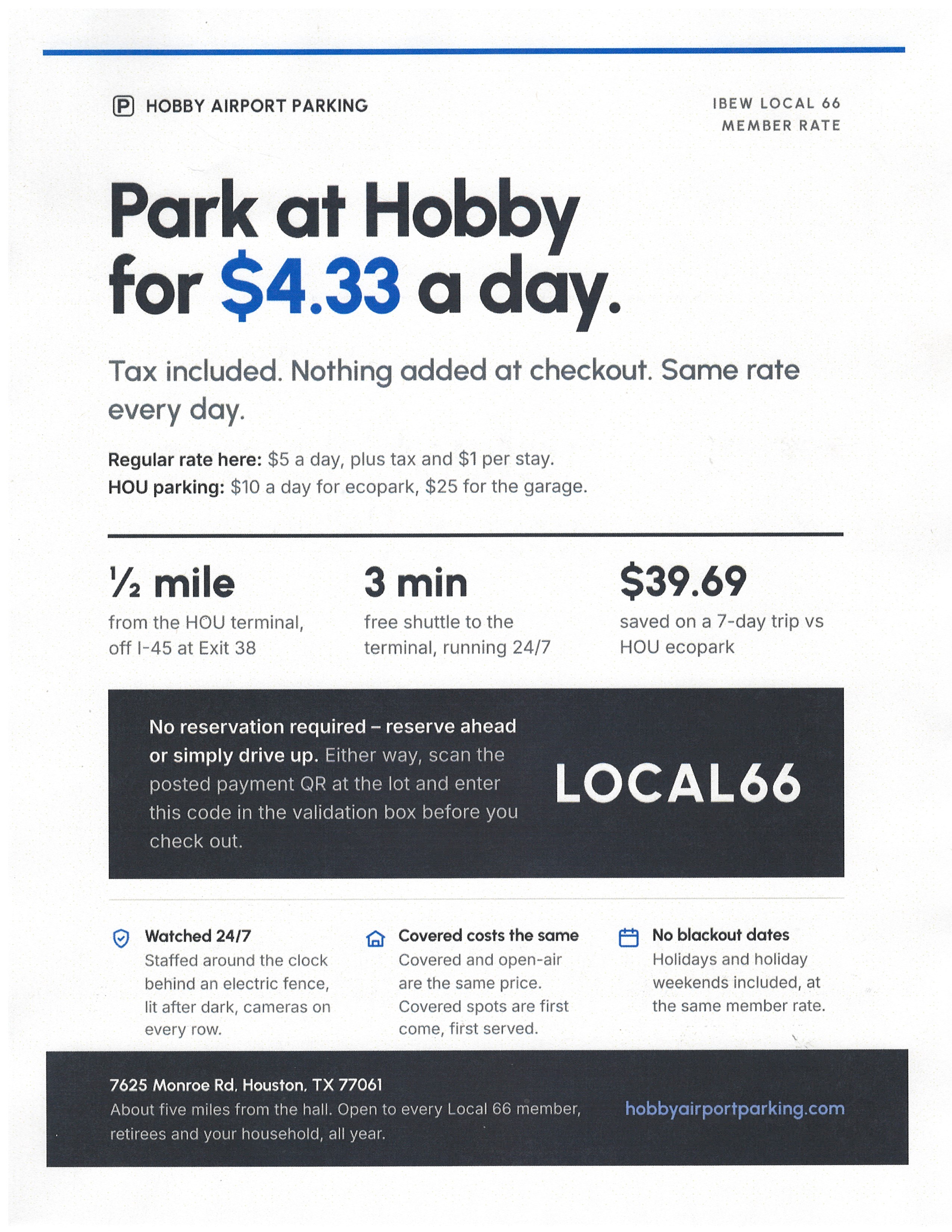 Hobby Parking Discount for IBEW 66 Members